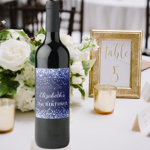 Birthday party navy blue glitter name wine label
