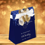 Birthday party navy blue gold balloons thank you favor boxes<br><div class="desc">A navy blue background color. Decorated with blue paint drips and faux gold balloons. Personalize and add a name,  age and date.  Modern hand lettered style script.</div>