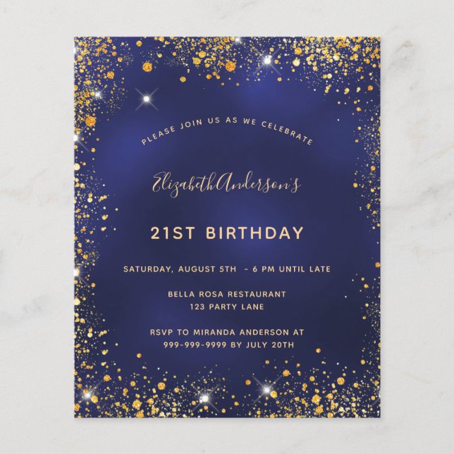 Birthday party navy blue gold budget invitation flyer (Front)