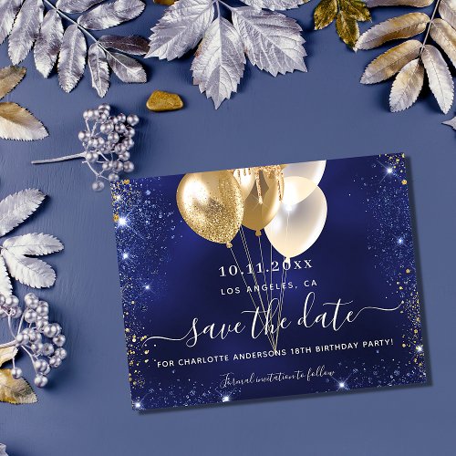 Birthday party navy blue gold budget save date