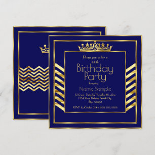 Birthday Party Navy Blue Gold Crown Art Deco Invitation