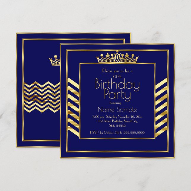 Birthday Party Navy Blue Gold Crown Art Deco Invitation (Front/Back)