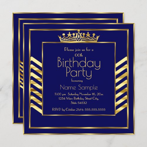 Birthday Party Navy Blue Gold Crown Art Deco Invitation