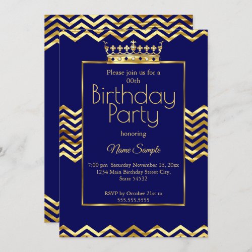 Birthday Party Navy Blue Gold Crown Chevron Invitation