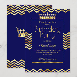 Birthday Party Navy Blue Gold Crown Chevron Invitation