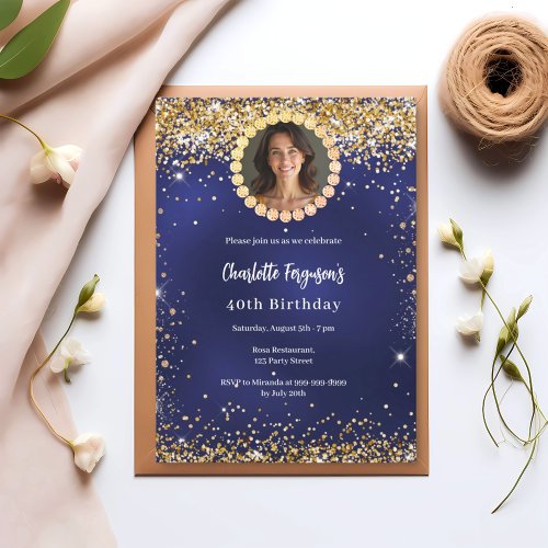 Birthday party navy blue gold diamond photo invitation