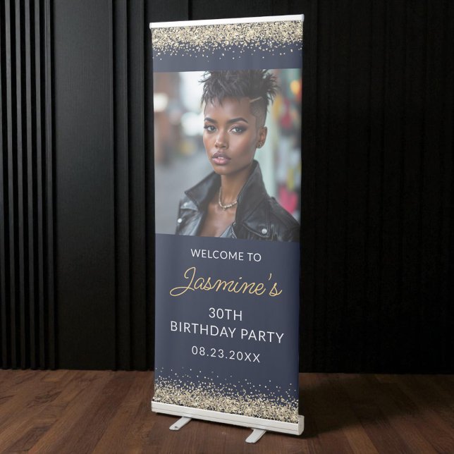 Birthday Party Navy Blue Gold Glitter Photo Retractable Banner (Creator Uploaded)