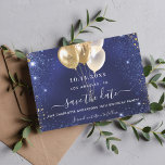 Birthday party navy blue gold save the date card<br><div class="desc">A trendy Save the Date for a 18th (or any age) birthday party. A navy blue uneven colored background. Decorated with blue and faux gold glitter and golden balloons. The text: Save the Date is written with a large trendy hand lettered style script.</div>