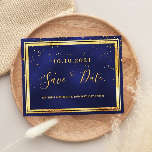 Birthday party navy blue gold save the date postcard