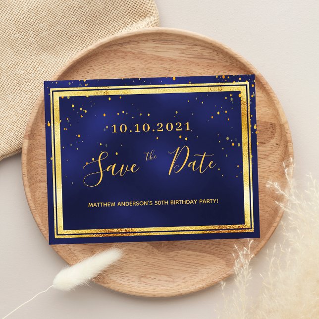 Birthday party navy blue gold save the date postcard (Creator Uploaded)