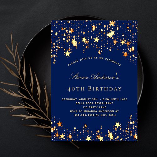 Birthday party navy blue gold stars invitation