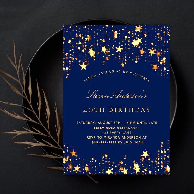 Birthday Party Navy Blue Gold Stars Invitation Zazzle 