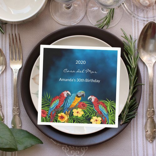 Birthday party navy blue parrots house name napkins