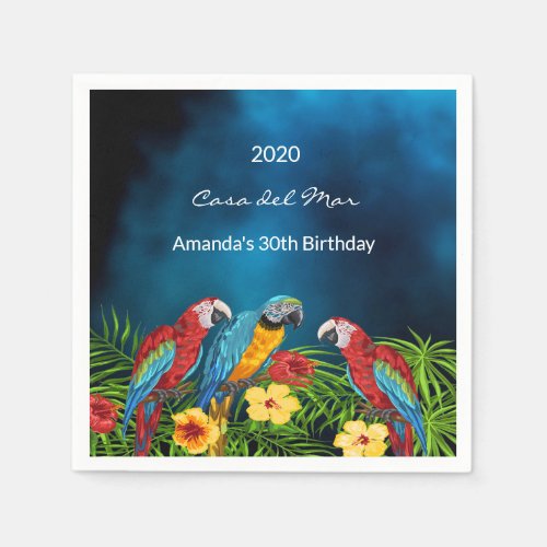Birthday party navy blue parrots house name napkins
