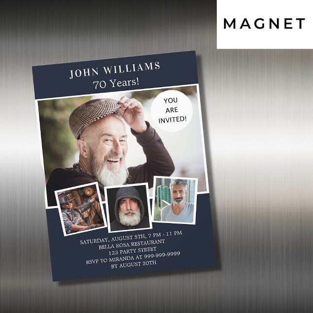 Birthday party navy blue photo collage luxury magnetic invitation (Creator Uploaded)