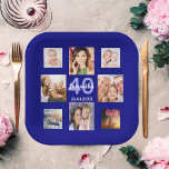 Birthday party navy blue photo collage woman paper plates<br><div class="desc">A paper plate for a 40th (or any age) birthday party for celebrating a life with a collage of 8 of your own photos.  Templates the age 40 and a date.  Date of birth or the date of the party.  Navy blue background.</div>