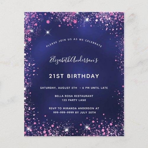 Birthday party navy blue pink budget invitation flyer