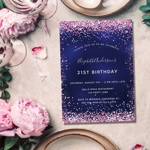 Birthday party navy blue pink glamorous invitation