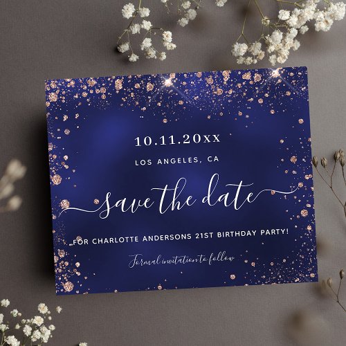 Birthday party navy blue rose budget save date flyer
