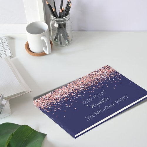 Birthday party navy blue rose gold glitter guest book