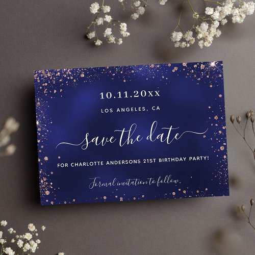 Birthday party navy blue rose gold glitter save the date