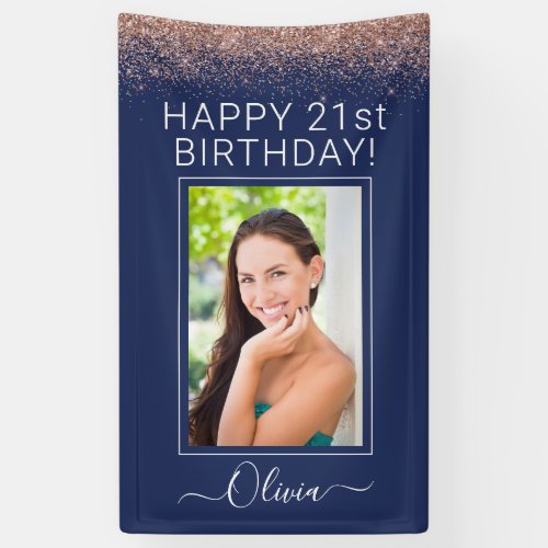 Birthday Party Navy Blue Rose Gold Pink Glitter Banner