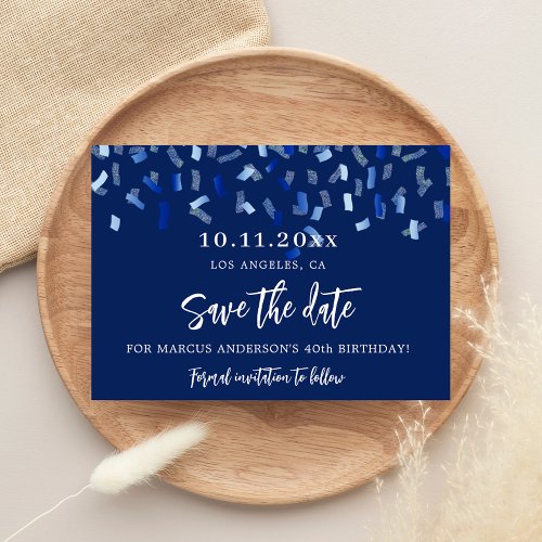  Birthday party navy blue save the date card