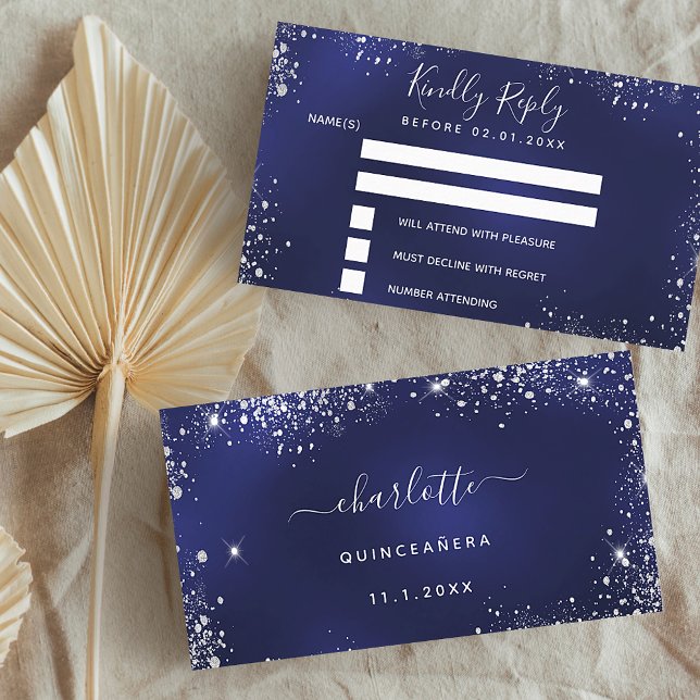 Birthday party navy blue silver glitter RSVP Enclosure Card (Creator Uploaded)