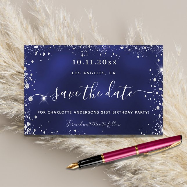 Birthday party navy blue silver save date budget flyer