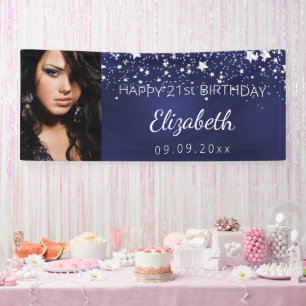 Birthday party navy blue silver stars photo banner