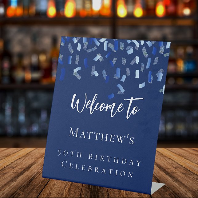 Birthday party navy blue welcome pedestal sign (Creator Uploaded)