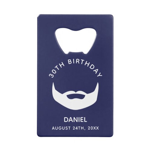 Birthday party navy blue white beard men guys credit card bottle opener