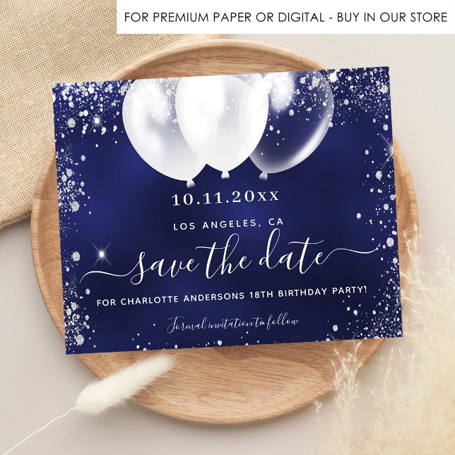 Birthday party navy blue white budget save date flyer