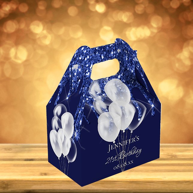 Birthday party navy blue white glitter balloons favor boxes (Creator Uploaded)