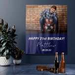 Birthday party navy blue white photo guy tapestry<br><div class="desc">A tapestry for a 21st (or any age) birthday party for guys. A navy blue. Personalize and add your own high quality photo of the birthday boy/man. The text: The name is white with a modern hand lettered style script. Tempates for a name, age 21 and a date. Can be...</div>