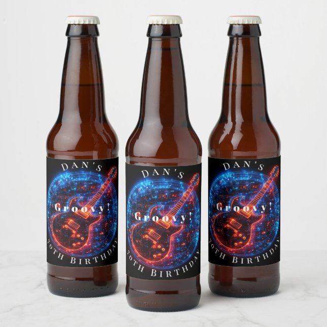 Birthday Party Neon Glow  Rock Guitar   Beer Bottle Label (Bottles)