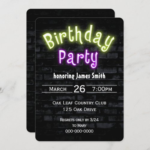 Birthday Party Neon Glow Sign on Brick Wall Invitation