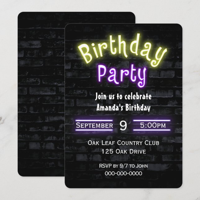 Birthday Party Neon Sign on Brick Wall  Invitation (Front/Back)