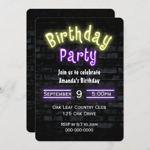 Birthday Party Neon Sign on Brick Wall Invitation