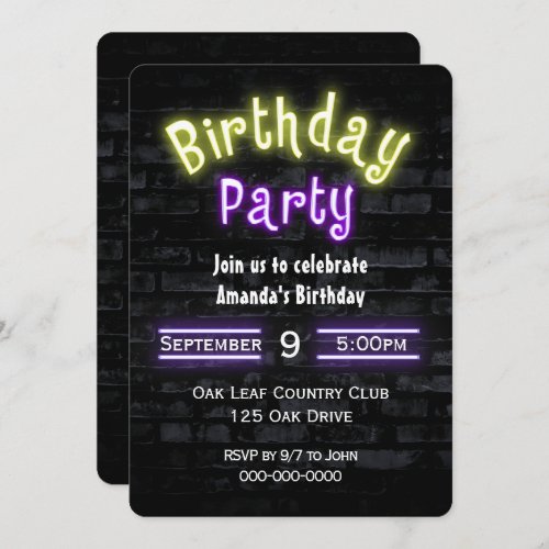 Birthday Party Neon Sign on Brick Wall  Invitation