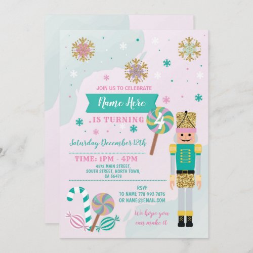 Birthday Party Nutcracker Toy Christmas Pink Mint Invitation