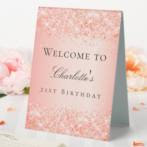 Birthday party orange glitter welcome table tent sign