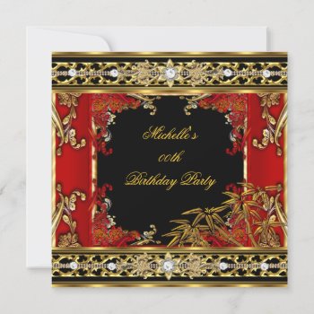 Birthday Party Ornate Red Asian Gold Bamboo Image Invitation by Zizzago at Zazzle