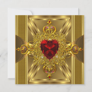 Birthday Party Ornate Red Jewelled Heart Gold Book Invitation