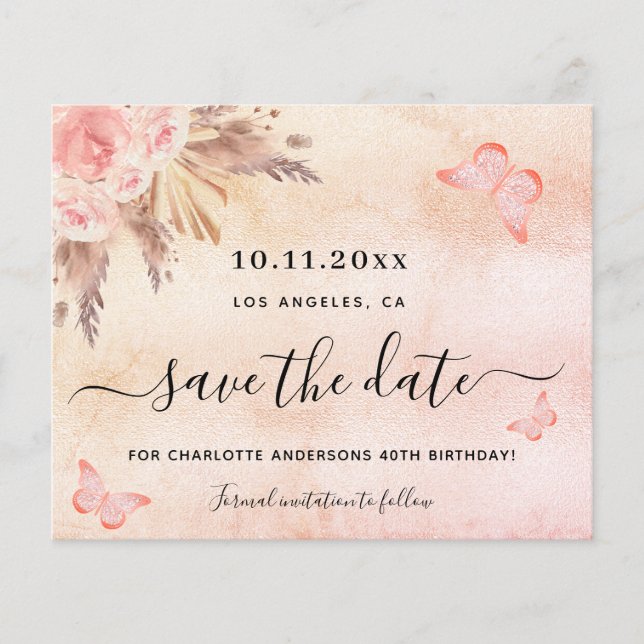 Birthday party pampas blush budget save the date flyer (Front)