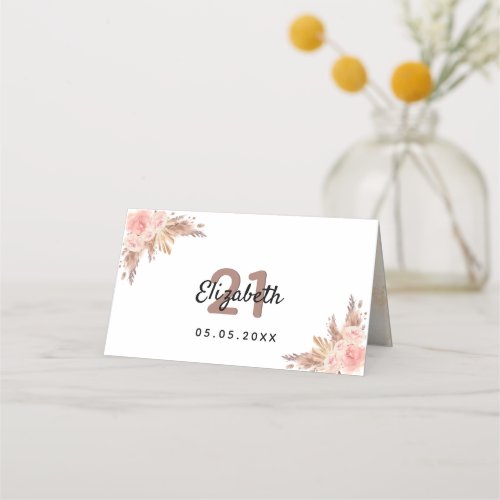 Birthday party pampas grass blush florals name place card