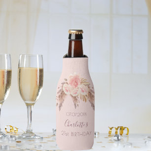Birthday party pampas grass blush rose floral name bottle cooler