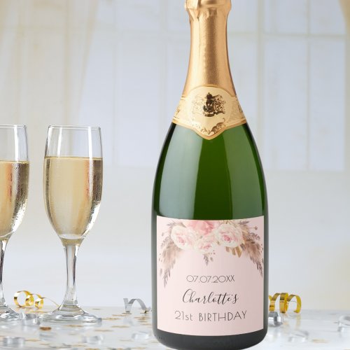 Birthday party pampas grass blush rose floral name sparkling wine label