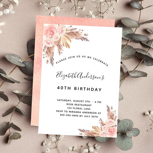 Birthday party pampas grass rose gold blush floral invitation