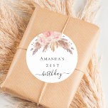 Birthday party pampas grass rose gold floral classic round sticker<br><div class="desc">For an elegant and modern 21st (or any age) birthday party. A white background. Decorated with rose gold,  pink florals,  pampas grass. Personalize and add a name.</div>